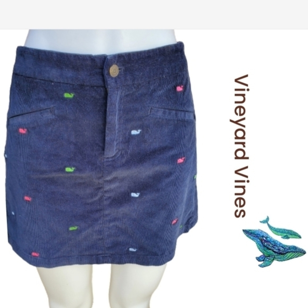 Vineyard Vines Navy Corduroy Whale Embroidered Mini Skirt Size 8 Preppy - Picture 2 of 13